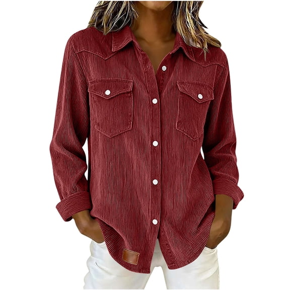 Posijego Corduroy Shirts for Women Vintage Long Sleeve Button down Shirts Spring Casual Collared Outerwear Jacket
