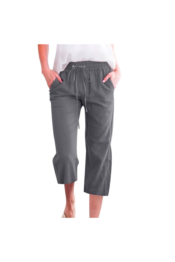 Cotton Linen Capris for Women Drawstring Elastic Waist Womens Capri Pants Plus Size Cropped Trousers