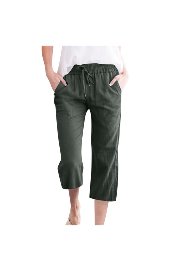 Cotton Linen Capris for Women Drawstring Elastic Waist Womens Capri Pants Plus Size Cropped Trousers