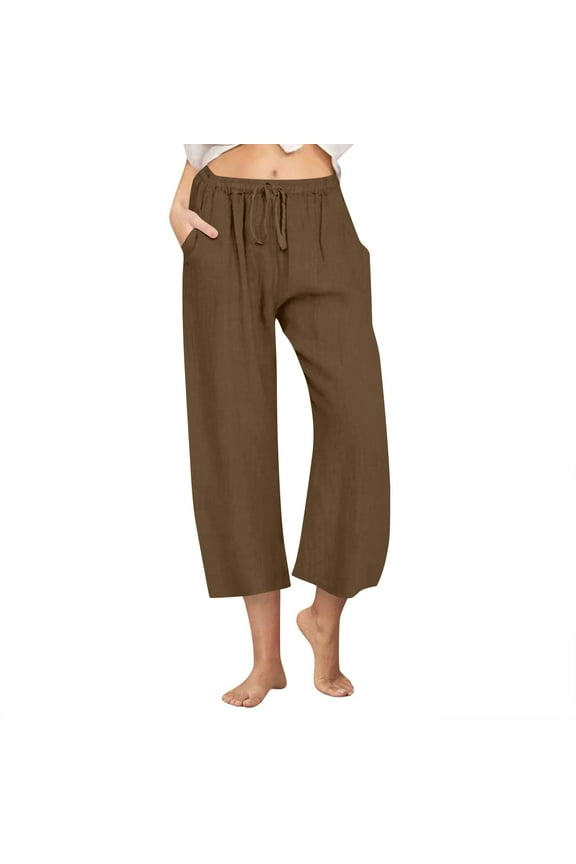 Cotton Linen Pants for Women Wide Leg Capris Pants Drawstring Elastic Waist Cropped Lounge Pants