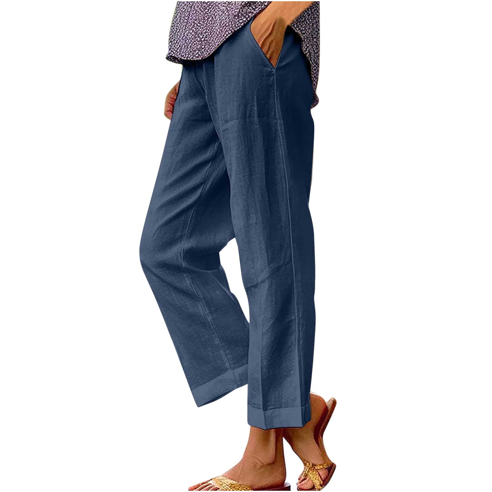 Posijego Cotton Linen Casual Pants for Women Elastic Waist Wide Leg ...