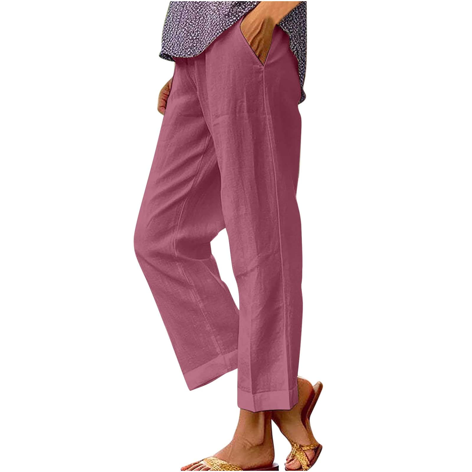Posijego Cotton Linen Casual Pants for Women Elastic Waist Wide Leg ...