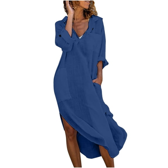 Posijego Cotton Linen Dresses for Women 2024 Summer Button Down Shirt Dresses Casual Maxi Dress Plain Beach Dress