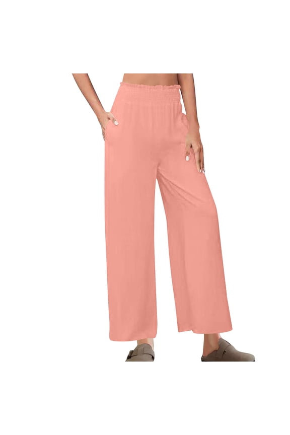 Cotton Linen Lounge Pants for Women Elastic High Waist Wide Leg Lightweight Slacks with Pockets