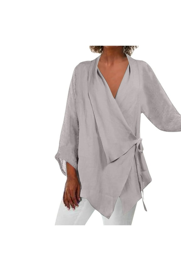 Cotton Linen Shirts for Women V Neck Wrap 3/4 Sleeve Dressy Casual Blouses Summer Tops Plus Size