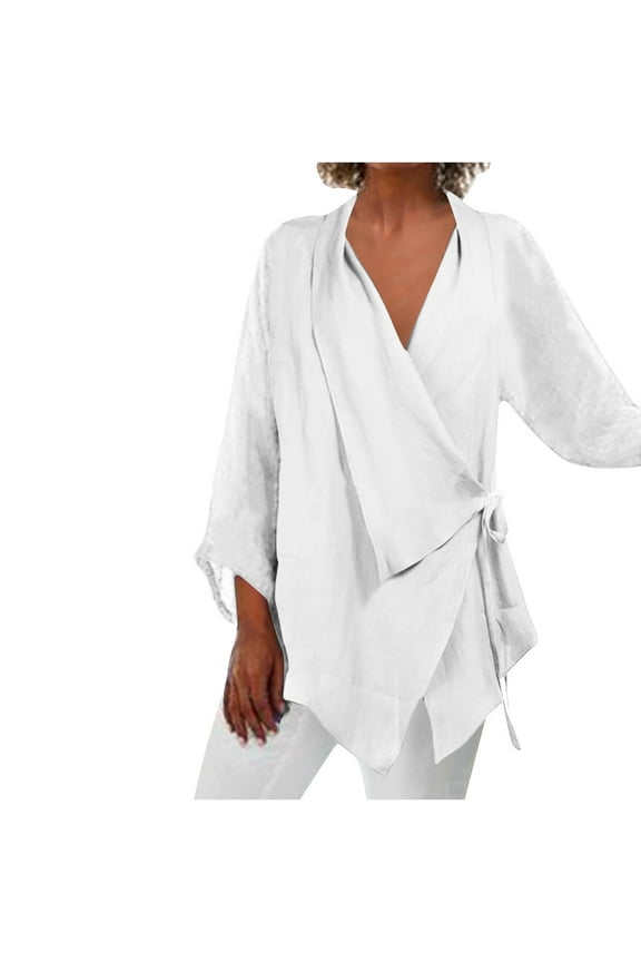 Cotton Linen Shirts for Women V Neck Wrap 3/4 Sleeve Dressy Casual Blouses Summer Tops Plus Size