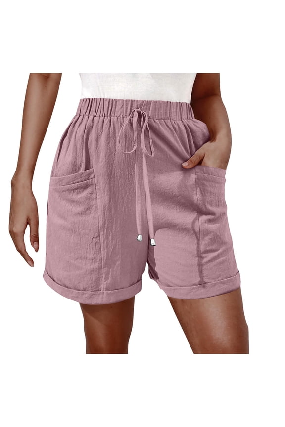 Cotton Linen Shorts for Women Elastic Rolled Wide Leg Shorts Summer Casual Beach Shorts with Pockets