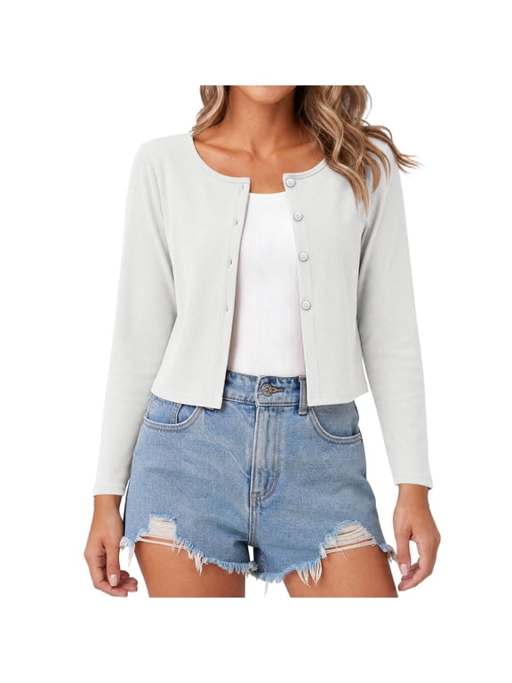 Cropped Cardigans for Women Button Front Crew Neck Long Sleeve Cardigans Fall Open Front for Women