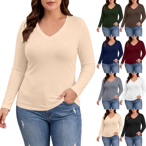 Posijego Women's Plus Size Tops Long Sleeve Shirts V Neck Causal Top Basic Tee Shirts Undershirt Pajamas Top