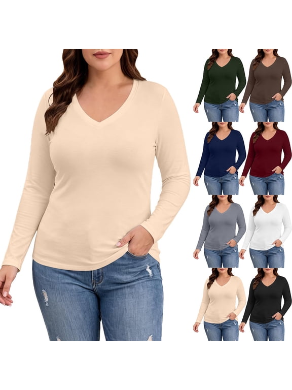 Women's Plus Size Tops Long Sleeve Shirts V Neck Causal Top Basic Tee Shirts Undershirt Pajamas Top