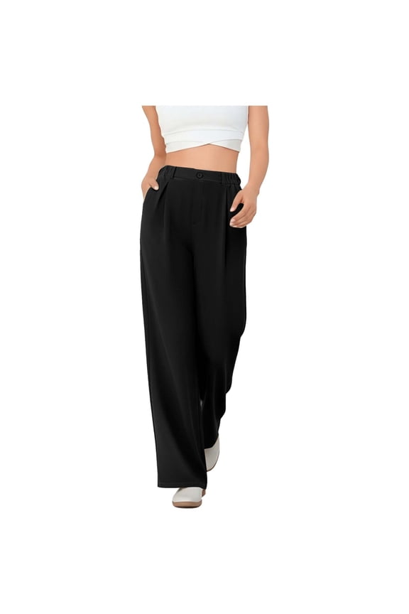 Dress Pants for Women Business Work Trousers Elastic Waist Pleated Wide Leg Formal Pants with Pockets