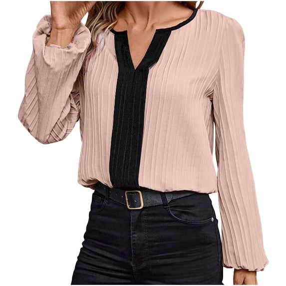 Posijego Dressy Blouse for Women Business Casual Pleated V Neck Long Sleeve Shirts Formal Work Tops