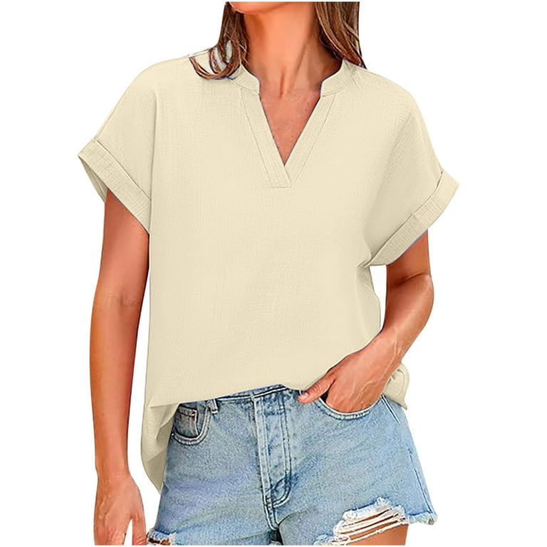 Posijego Dressy Tops for Women Roll Short Sleeve T Shirt Ladies V Neck Solid Color Blouses Tops Summer Tunics