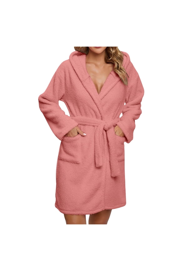 Fleece Robe for Women Bathrobe Hooded Fuzzy Short Robe with Belt and Pockets Fuzzy Nightgowns