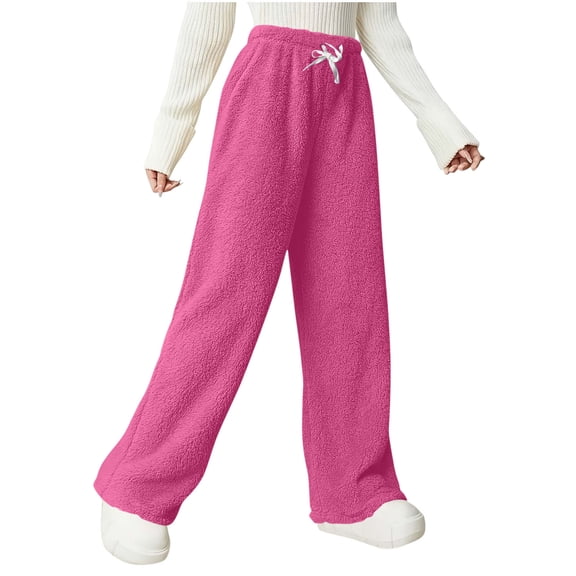 Posijego Fleece Sleep Pants for Women Drawstring Elastic Waist Wide Leg Fuzzy Pants Warm Pj Bottoms Lounge Pants