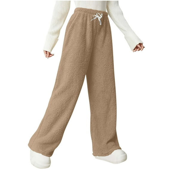 Posijego Fleece Sleep Pants for Women Drawstring Elastic Waist Wide Leg Fuzzy Pants Warm Pj Bottoms Lounge Pants
