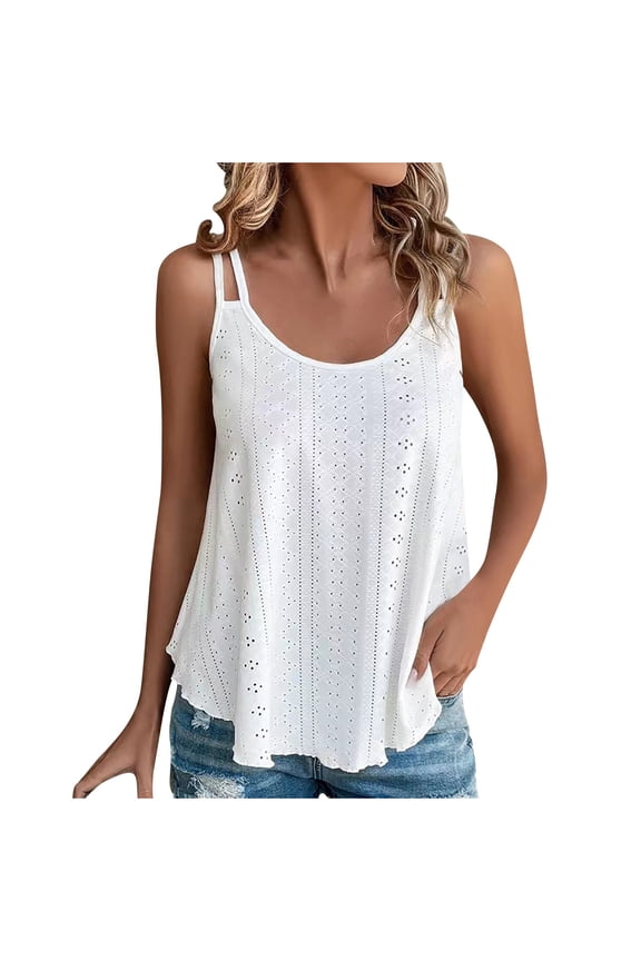 Flowy Tank Tops for Women Spaghetti Strap Eyelet Blouses Plus Size Sleeveless Loose Tunic Tanks