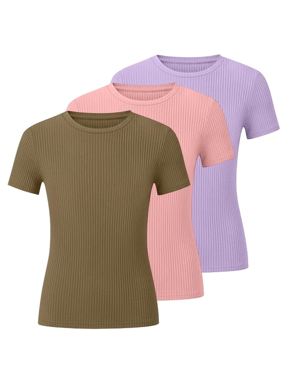 Girls 3 Pack Short Sleeve T-Shirts Slim Ribbed Knit Basic Tees Trendy Summer Going out Tops for Big Girls