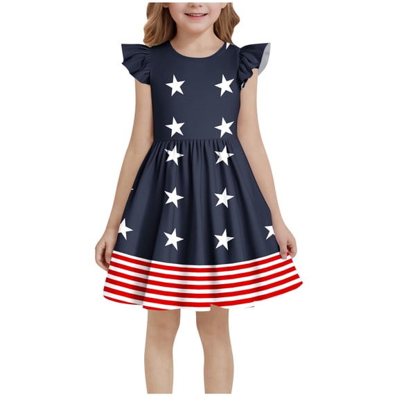 Posijego Girls 4th of July Dresses Star Printed Ruffle Sleeve Dresses Independence Day Dresses for Little Girls