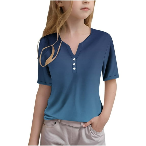 Posijego Girls Blouses V Neck Button Short Sleeve Shirt Kids Summer Casual Dressy Tunic Tops 3-14 Years