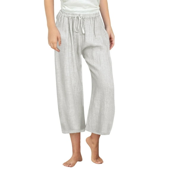 Posijego Girls Capri Pants Cotton Linen Wide Leg Cropped Trousers Drawstring Lounge Pants with Pockets