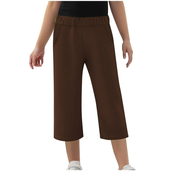 Posijego Girls Capri Pants Straight Leg High Waisted Cropped Trousers Solid Color Casual Long Pants with Pockets