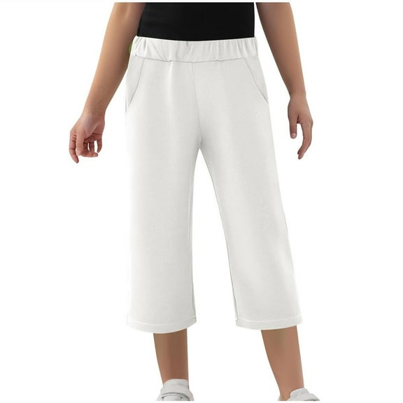 Posijego Girls Capri Pants Straight Leg High Waisted Cropped Trousers Solid Color Casual Long Pants with Pockets
