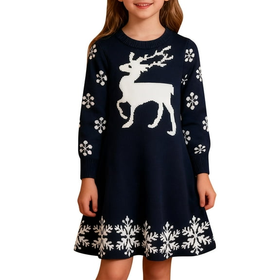 Posijego Girls Christmas Sweater Dress Cartoon Printed Long Sleeve Crew Neck Knit Casual Cute Dresses