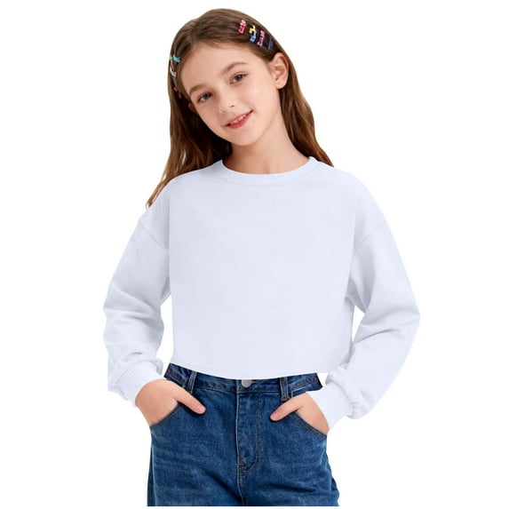 Posijego Girls Cropped Sweatshirt Crewneck Long Sleeve Cotton Pullover Tops Solid Color Casual Athletic Sweatshirts