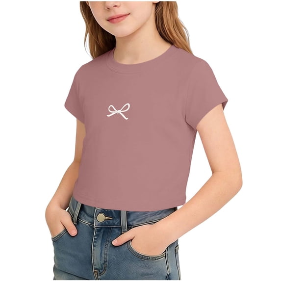 Posijego Girls Cropped Tops Bow Print Graphic T-Shirts Kids Girls Short Sleeve Summer Athletic Tee Shirts for Little Girls