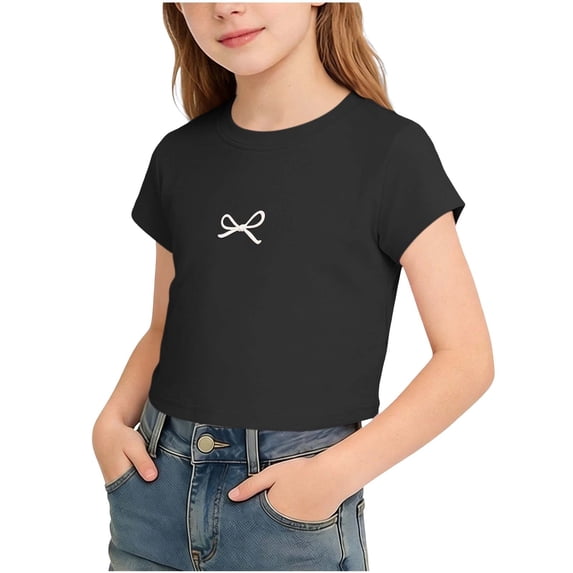 Posijego Girls Cropped Tops Bow Print Graphic T-Shirts Kids Girls Short Sleeve Summer Athletic Tee Shirts for Little Girls