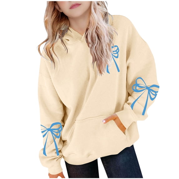 Posijego Girls Cute Hoodies Bow Print Valentine's Day Pullover Hooded Sweatshirts Long Sleeve Tops with Pocket