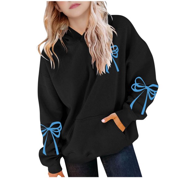Posijego Girls Cute Hoodies Bow Print Valentine's Day Pullover Hooded Sweatshirts Long Sleeve Tops with Pocket