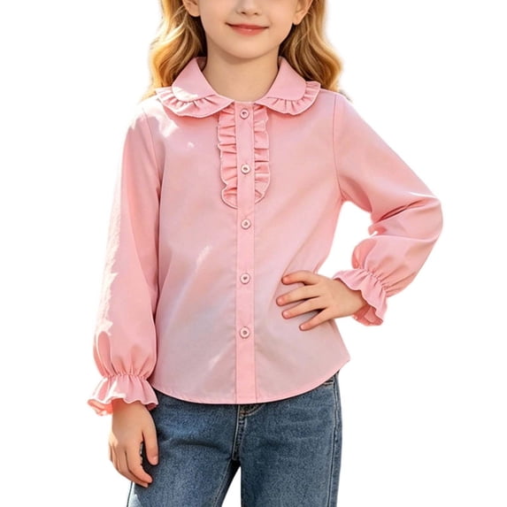 Posijego Girls Dress Shirts Ruffled Button down Long Sleeve Shirts School Uniform Tops Collared Formal Shirts 2-13 Years