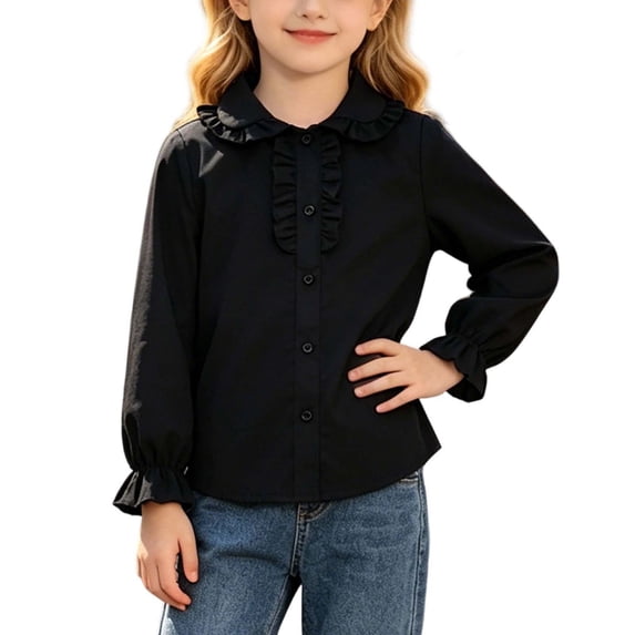 Posijego Girls Dress Shirts Ruffled Button down Long Sleeve Shirts School Uniform Tops Collared Formal Shirts 2-13 Years