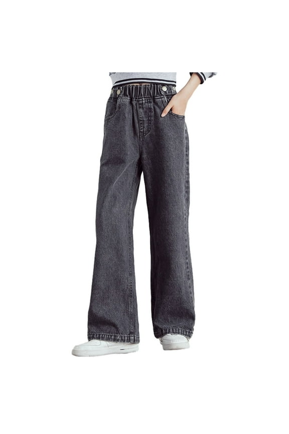 Girls Elastic Waist Jeans Casual Wide Leg Denim Pants Baggy Long Jean Trousers Little Big Teens