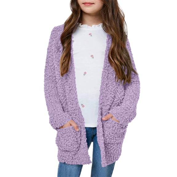 Posijego Girls Fleece Cardigans Long Sleeve Fuzzy Open Front Soft Cardigan Jacket Outerwear with Pockets