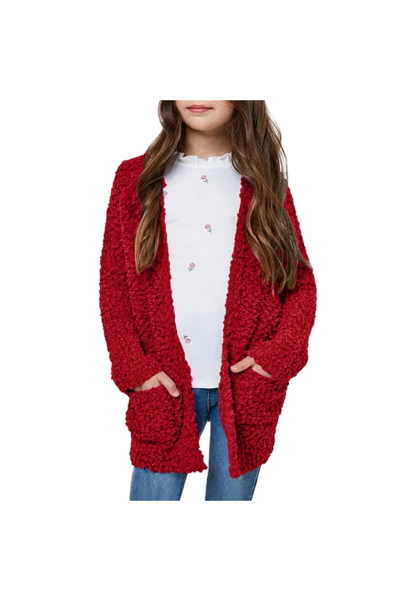Girls Fleece Cardigans Long Sleeve Fuzzy Open Front Soft Cardigan Jacket Outerwear with Pockets