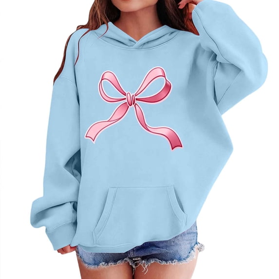 Posijego Girls Graphic Hoodies Bow Print Casual Long Sleeve Pullover Hooded Oversized Sweatshirts with Pockets