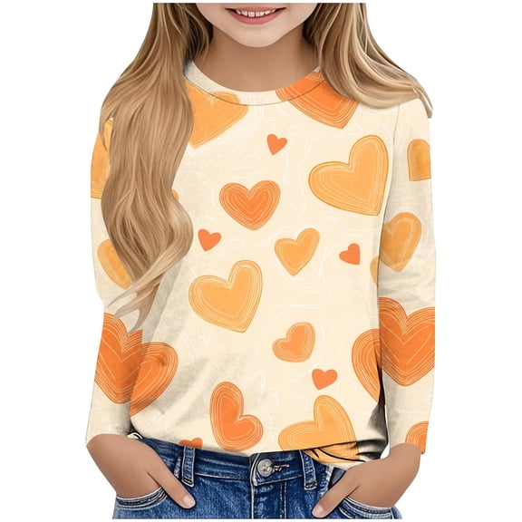 Posijego Girls Heart Long Sleeve Shirts Valentine's Day Printed Graphic T-Shirts Little Girls Crew Neck Casual Tee Tops