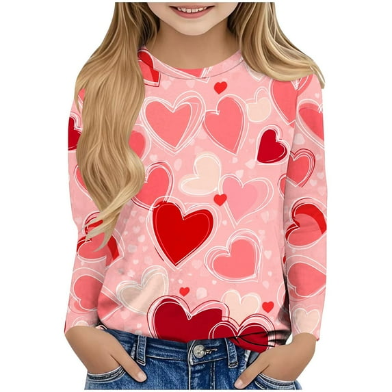 Posijego Girls Heart Long Sleeve Shirts Valentine's Day Printed Graphic T-Shirts Little Girls Crew Neck Casual Tee Tops