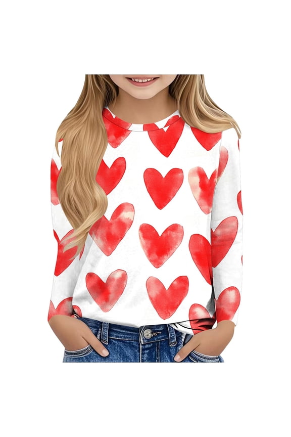Girls Heart Long Sleeve Shirts Valentine's Day Printed Graphic T-Shirts Little Girls Crew Neck Casual Tee Tops