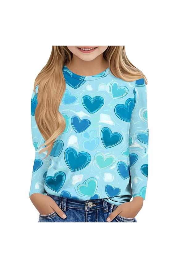 Girls Heart Long Sleeve Shirts Valentine's Day Printed Graphic T-Shirts Little Girls Crew Neck Casual Tee Tops