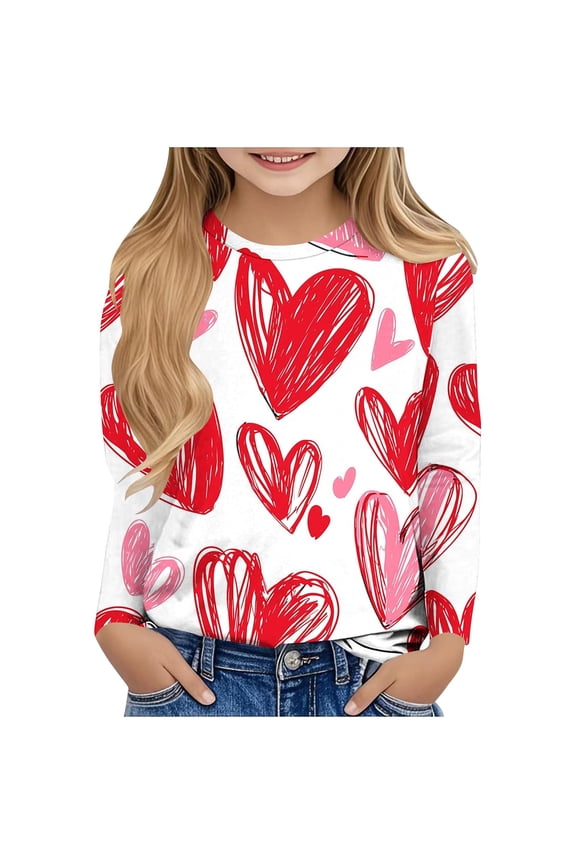 Girls Heart Long Sleeve Shirts Valentine's Day Printed Graphic T-Shirts Little Girls Crew Neck Casual Tee Tops