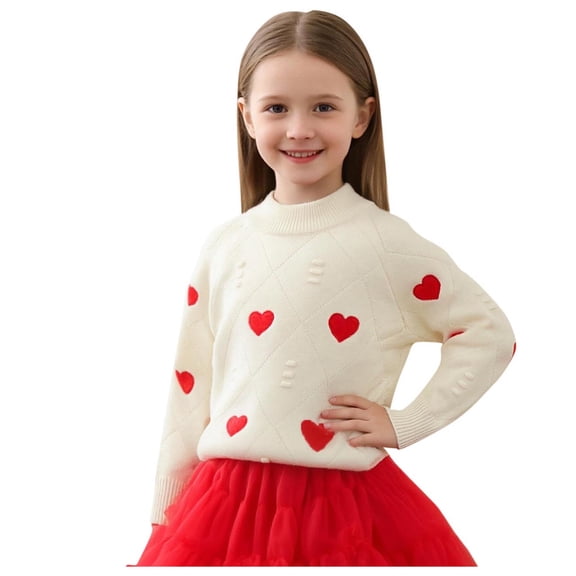 Posijego Girls Heart Sweaters Valentine's Day Knitted Long Sleeve Sweater Crew Neck Spring Pullover Casual Cute Tops
