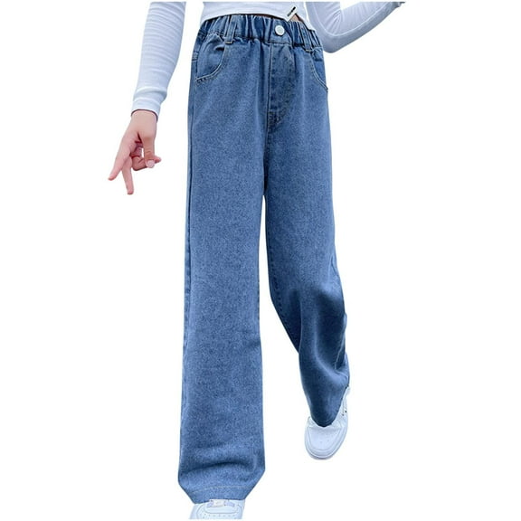 Posijego Girls Jeans 4-16T Elastic Waistband Wide Leg Baggy Pants with Pockets Denim Trousers for Little Big Teens