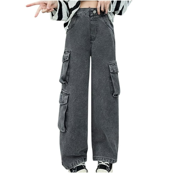 Posijego Girls Jeans 4-16T Elastic Waistband Wide Leg Baggy Pants with Pockets Denim Trousers for Little Big Teens