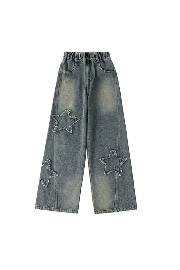 Girls Jeans 4-16t Elastic Waistband Wide Leg Baggy Pants with Stars Denim Trousers for Little Big Teens