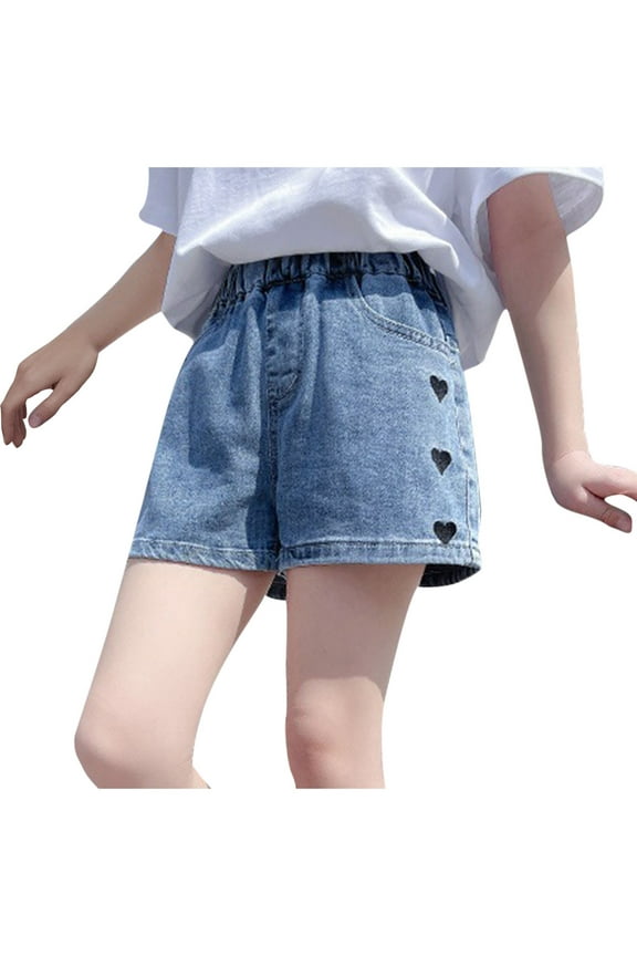 Girls Jeans Shorts Ripped Distressed Denim Shorts Elastic Waist Straight Leg Short Jeans for Kids