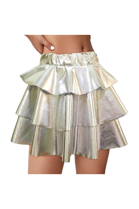 Girls Layer Metallic Skirts Tiered Ruffled Pleated Party Dance A- Line Skirt Elastic Waist Evening Performance